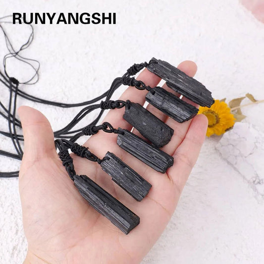 1PC Natural Crystal Black Tourmaline Raw Stone Unpolished Gem Pendant Necklace Quartz Jewelry For Man Gifts - forbiddengemstones.com