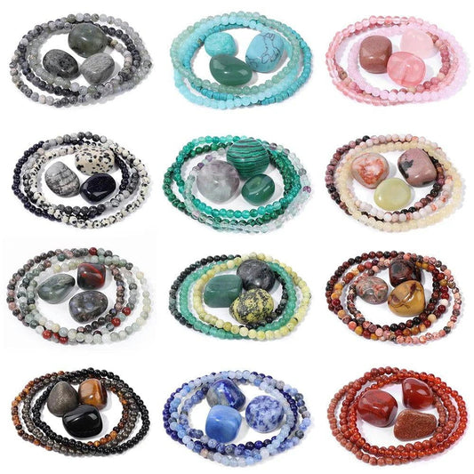 3pcs/set 4mm Natural Stone Beads Bracelets With Raw Stone Aventurine Turquois Rose Quartzs Meditation Bracelets For Women Men - forbiddengemstones.com