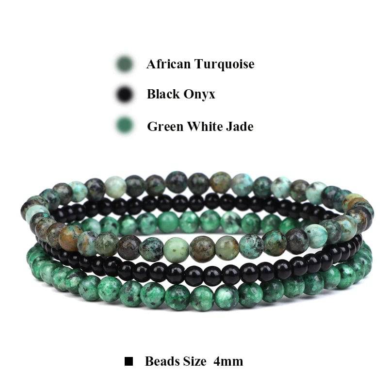 3pcs/set 4mm Natural Stone Beads Bracelets With Raw Stone Aventurine Turquois Rose Quartzs Meditation Bracelets For Women Men - forbiddengemstones.com