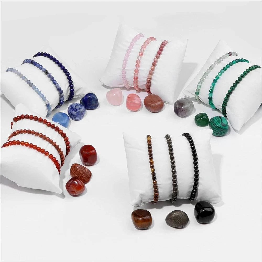 3pcs/set 4mm Natural Stone Beads Bracelets With Raw Stone Aventurine Turquois Rose Quartzs Meditation Bracelets For Women Men - forbiddengemstones.com