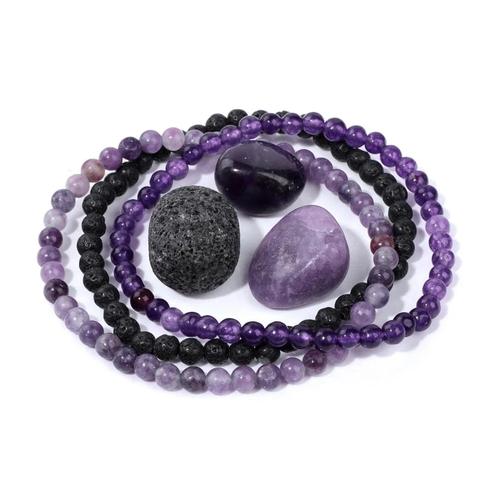 3pcs/set 4mm Natural Stone Beads Bracelets With Raw Stone Aventurine Turquois Rose Quartzs Meditation Bracelets For Women Men - forbiddengemstones.com