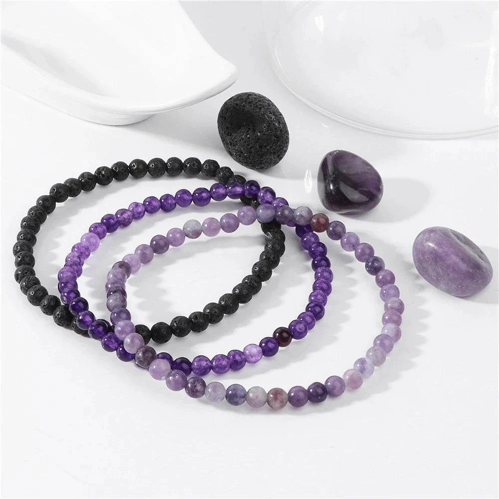 3pcs/set 4mm Natural Stone Beads Bracelets With Raw Stone Aventurine Turquois Rose Quartzs Meditation Bracelets For Women Men - forbiddengemstones.com