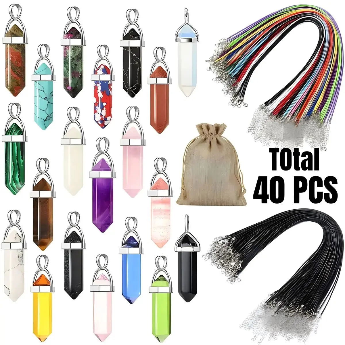 40PCS/30PCS Hexagonal Chakra Synthetic Crystal Pendant , Pointed Quartz Stone With Leather Necklace Chain Storage Bag - forbiddengemstones.com