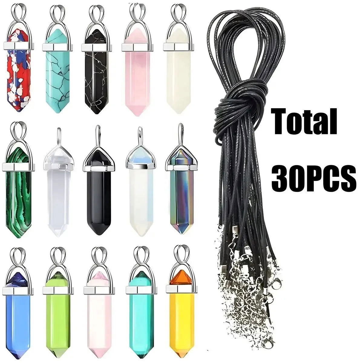 40PCS/30PCS Hexagonal Chakra Synthetic Crystal Pendant , Pointed Quartz Stone With Leather Necklace Chain Storage Bag - forbiddengemstones.com