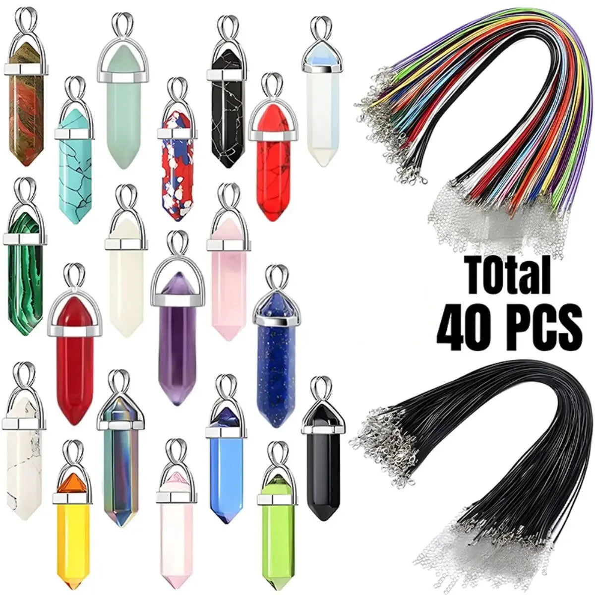 40PCS/30PCS Hexagonal Chakra Synthetic Crystal Pendant , Pointed Quartz Stone With Leather Necklace Chain Storage Bag - forbiddengemstones.com