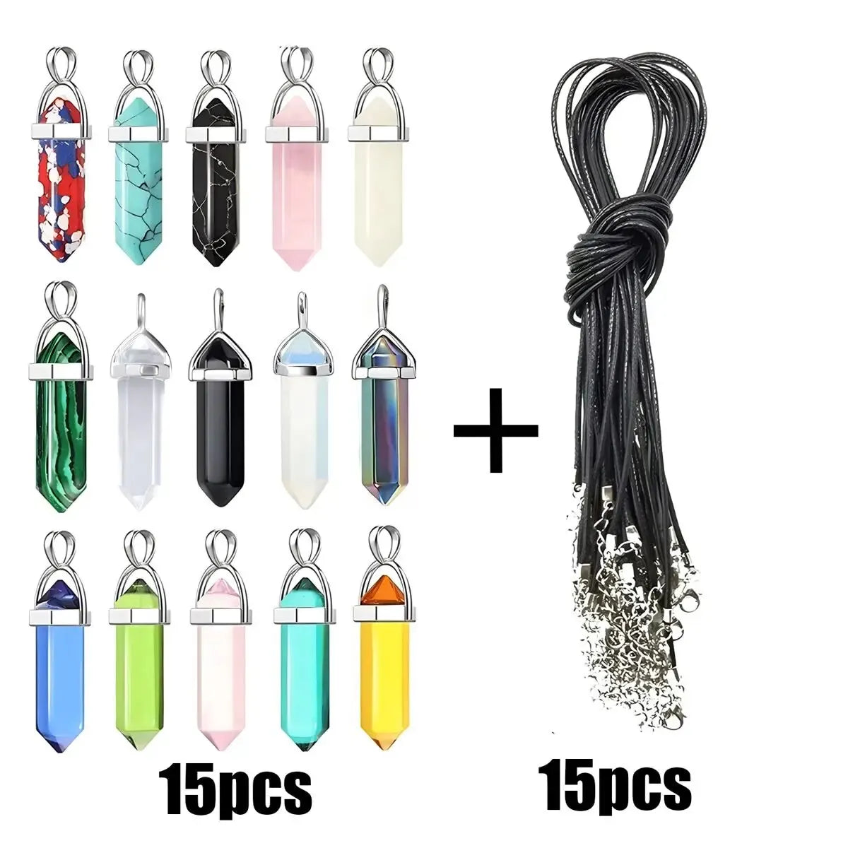 40PCS/30PCS Hexagonal Chakra Synthetic Crystal Pendant , Pointed Quartz Stone With Leather Necklace Chain Storage Bag - forbiddengemstones.com