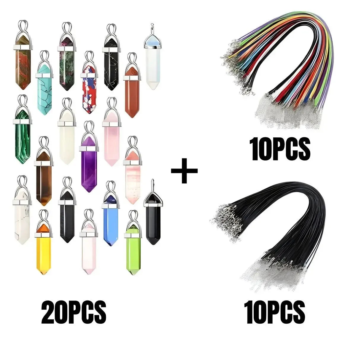 40PCS/30PCS Hexagonal Chakra Synthetic Crystal Pendant , Pointed Quartz Stone With Leather Necklace Chain Storage Bag - forbiddengemstones.com