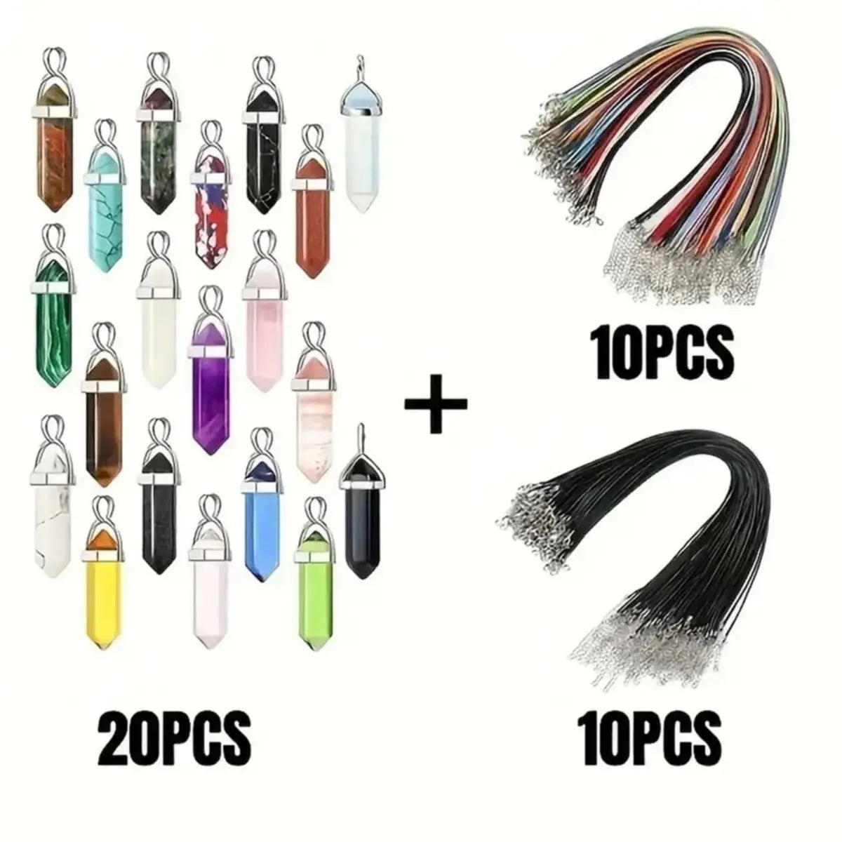 40PCS/30PCS Hexagonal Chakra Synthetic Crystal Pendant , Pointed Quartz Stone With Leather Necklace Chain Storage Bag - forbiddengemstones.com