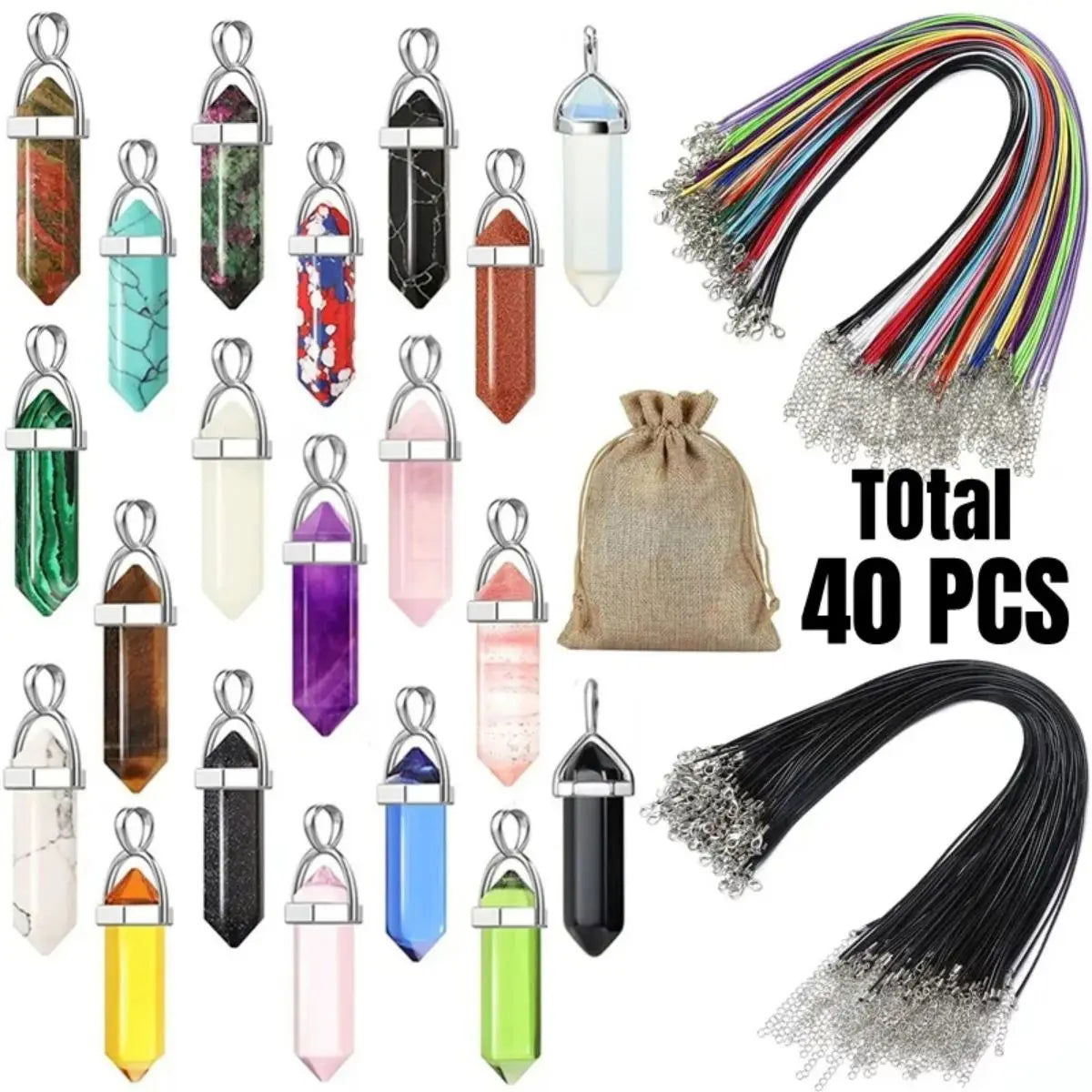 40PCS/30PCS Hexagonal Chakra Synthetic Crystal Pendant , Pointed Quartz Stone With Leather Necklace Chain Storage Bag - forbiddengemstones.com