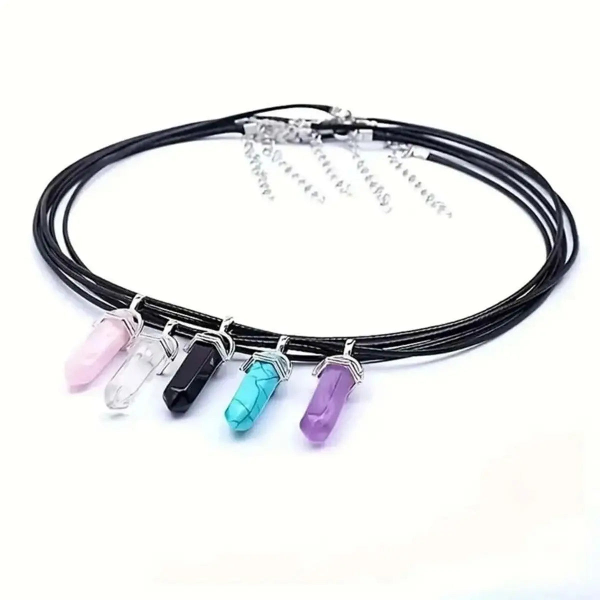 40PCS/30PCS Hexagonal Chakra Synthetic Crystal Pendant , Pointed Quartz Stone With Leather Necklace Chain Storage Bag - forbiddengemstones.com