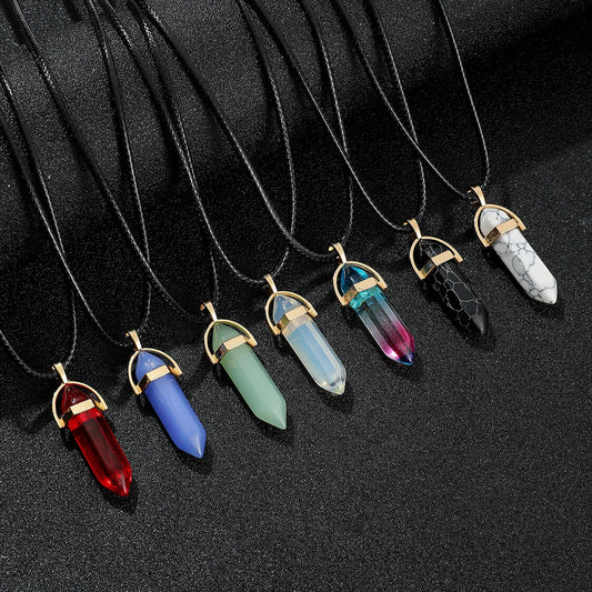 7pcs/set Hexagon Pillar Quartz Necklace Turquoise Pink Crystal Necklace Genuine Leather Chain Natural Stone Choker Necklace - forbiddengemstones.com