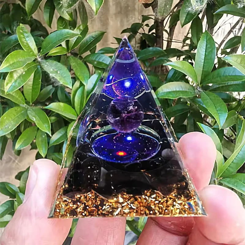Handmade Orgonite Pyramid Amethyst Crystal Sphere Natural Stone Energy Healing Black Obsidian Orgonite Pyramid - forbiddengemstones.com