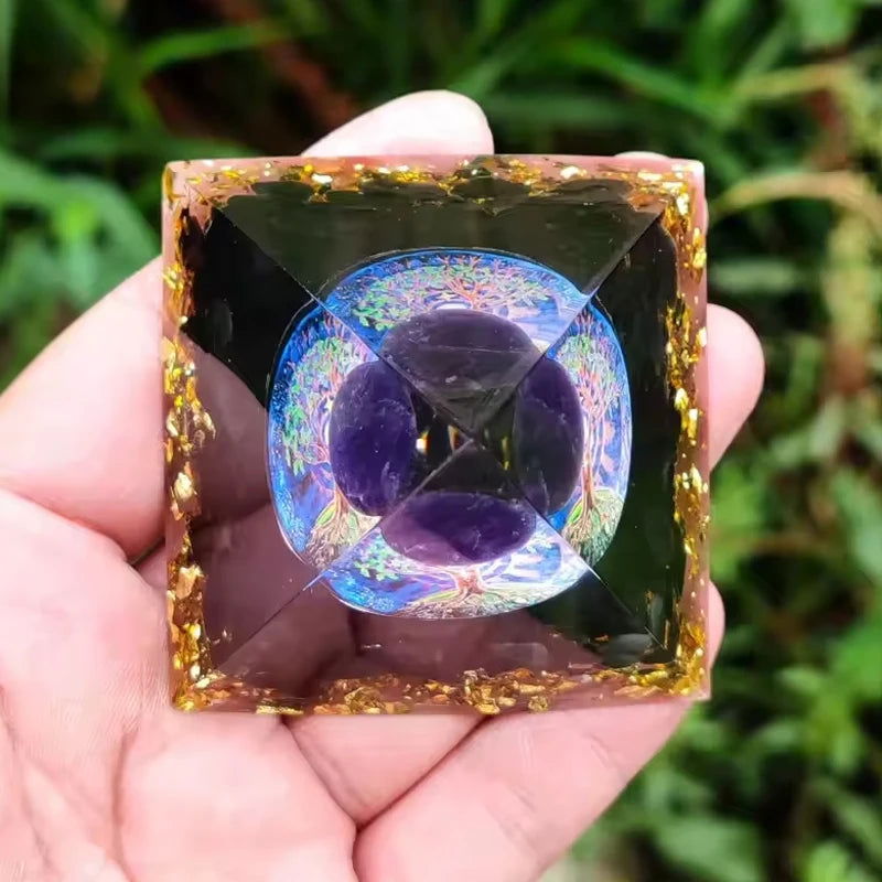 Handmade Orgonite Pyramid Amethyst Crystal Sphere Natural Stone Energy Healing Black Obsidian Orgonite Pyramid - forbiddengemstones.com
