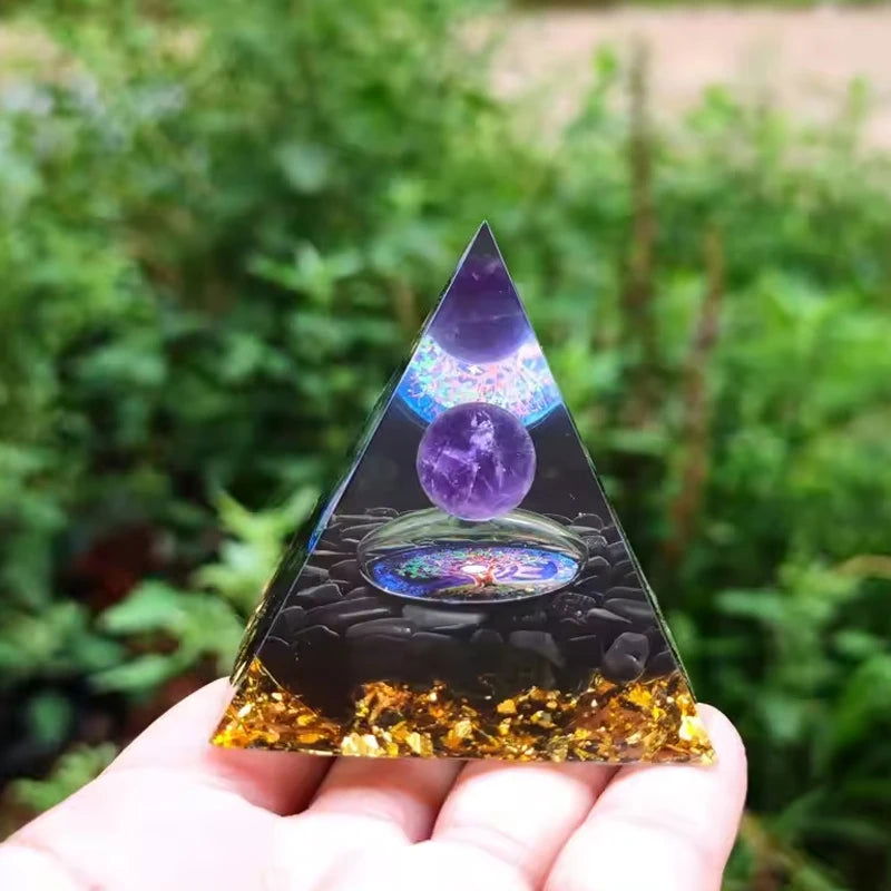 Handmade Orgonite Pyramid Amethyst Crystal Sphere Natural Stone Energy Healing Black Obsidian Orgonite Pyramid - forbiddengemstones.com