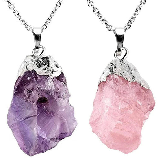 Natural Amethyst Rose Quartz Raw Stone Pendant Irregular Chakra Healing Gemstone Silver Color Edge Necklace Women Birthday Gift - forbiddengemstones.com