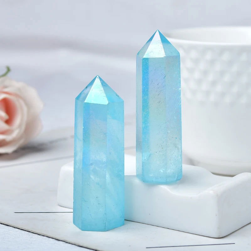 Natural Blue Aura Clear Quartz Crystal Point Electroplating Wand Healing Stone Energy Quartz Home Decoration Reiki Tower Gifts - forbiddengemstones.com