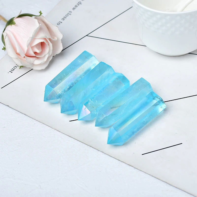 Natural Blue Aura Clear Quartz Crystal Point Electroplating Wand Healing Stone Energy Quartz Home Decoration Reiki Tower Gifts - forbiddengemstones.com