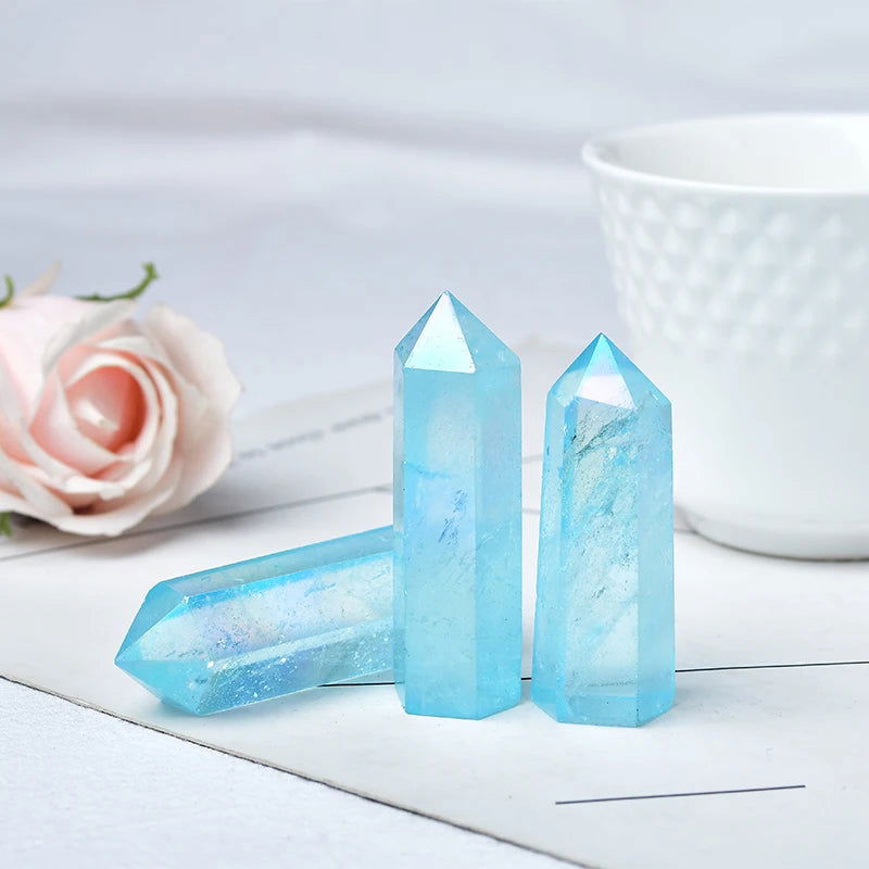 Natural Blue Aura Clear Quartz Crystal Point Electroplating Wand Healing Stone Energy Quartz Home Decoration Reiki Tower Gifts - forbiddengemstones.com