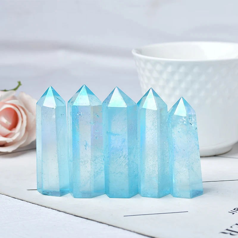 Natural Blue Aura Clear Quartz Crystal Point Electroplating Wand Healing Stone Energy Quartz Home Decoration Reiki Tower Gifts - forbiddengemstones.com