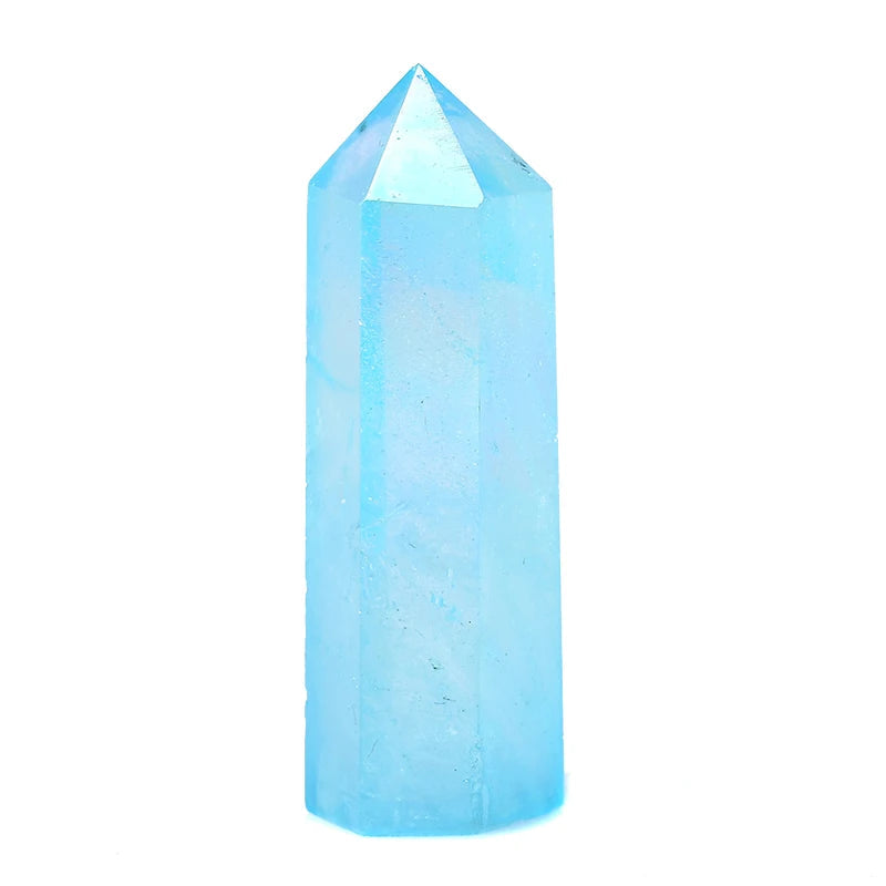 Natural Blue Aura Clear Quartz Crystal Point Electroplating Wand Healing Stone Energy Quartz Home Decoration Reiki Tower Gifts - forbiddengemstones.com