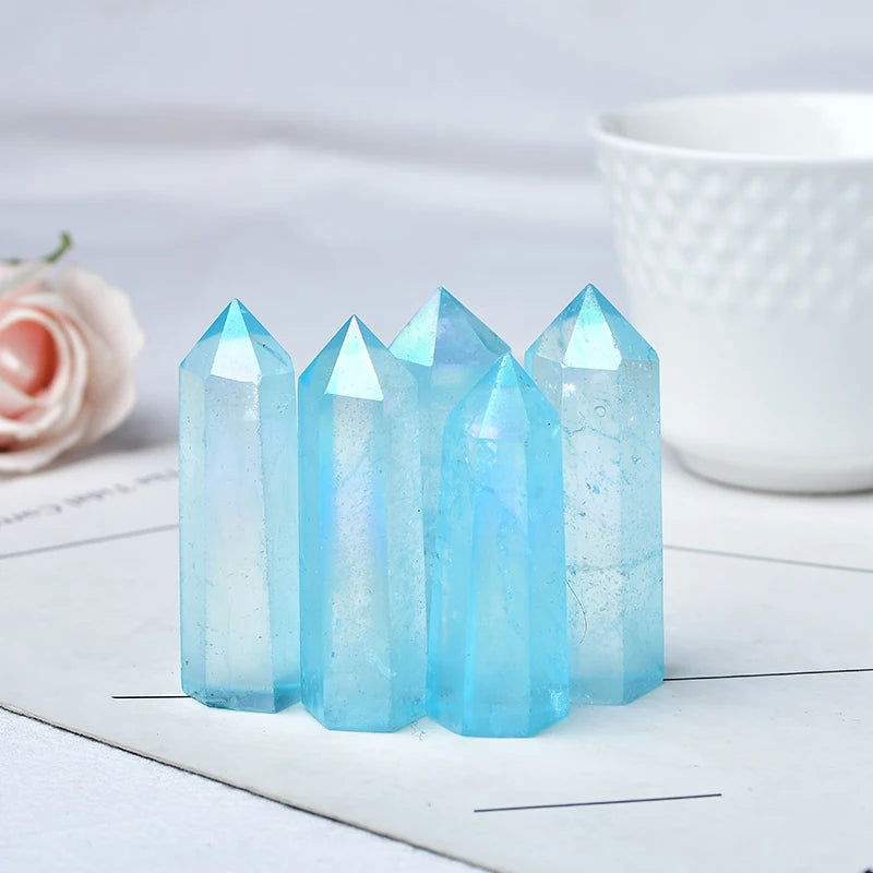 Natural Blue Aura Clear Quartz Crystal Point Electroplating Wand Healing Stone Energy Quartz Home Decoration Reiki Tower Gifts - forbiddengemstones.com