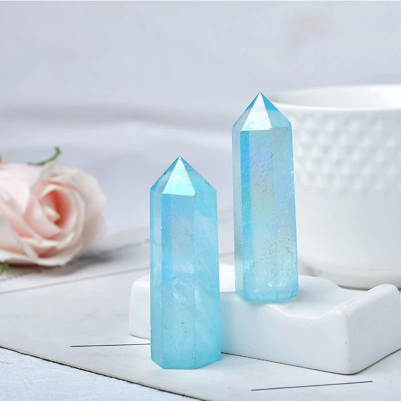 Natural Blue Aura Clear Quartz Crystal Point Electroplating Wand Healing Stone Energy Quartz Home Decoration Reiki Tower Gifts - forbiddengemstones.com