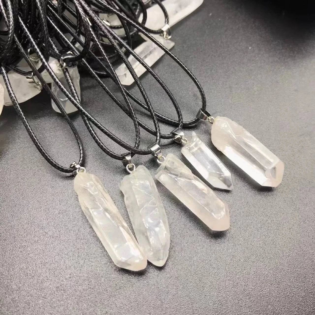 Natural Crystal Clear Quartz Point Pendant with Black Rope DIY Necklace White Quartz Raw Stone Necklace for women men - forbiddengemstones.com