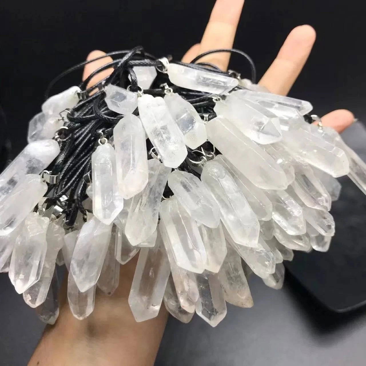 Natural Crystal Clear Quartz Point Pendant with Black Rope DIY Necklace White Quartz Raw Stone Necklace for women men - forbiddengemstones.com