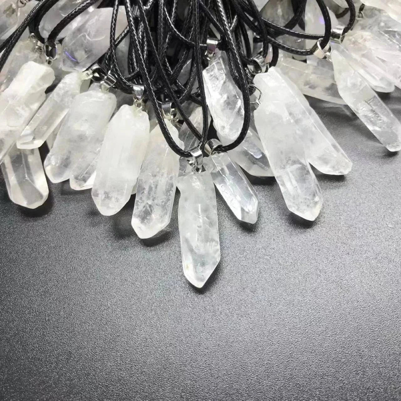 Natural Crystal Clear Quartz Point Pendant with Black Rope DIY Necklace White Quartz Raw Stone Necklace for women men - forbiddengemstones.com