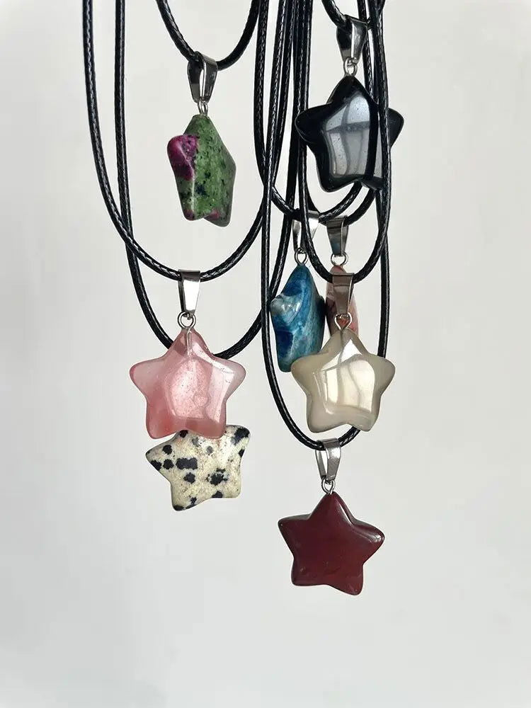 Natural Stone Hexagon Pendant Necklace Crystal Rose Quartz Opal Star for Women Fluorite Lapis Bullet Pendulum Trend Jewelry Gift - forbiddengemstones.com