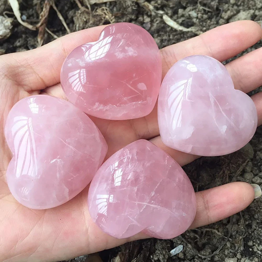 Natural Heart-Shaped Labradorite & Rose Quartz Crystal Carvings for Reiki Healing and Positive Energy - 1.57 to 2.36 Inches