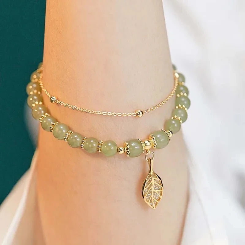 Elegant Green Jade Bangle Bracelet with Gold Leaf Accents - Double Chain Charm Bracelet for Women and Girls Gift