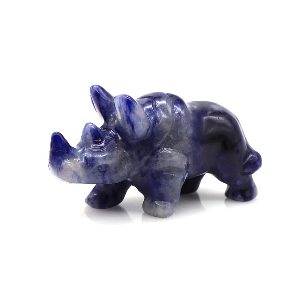 Natural Blue Sodalite Rhinoceros Figurine, Healing Crystal Sculpture, Fengshui Reiki, Rhino Animal Statue, Home Decor Gift, 3"