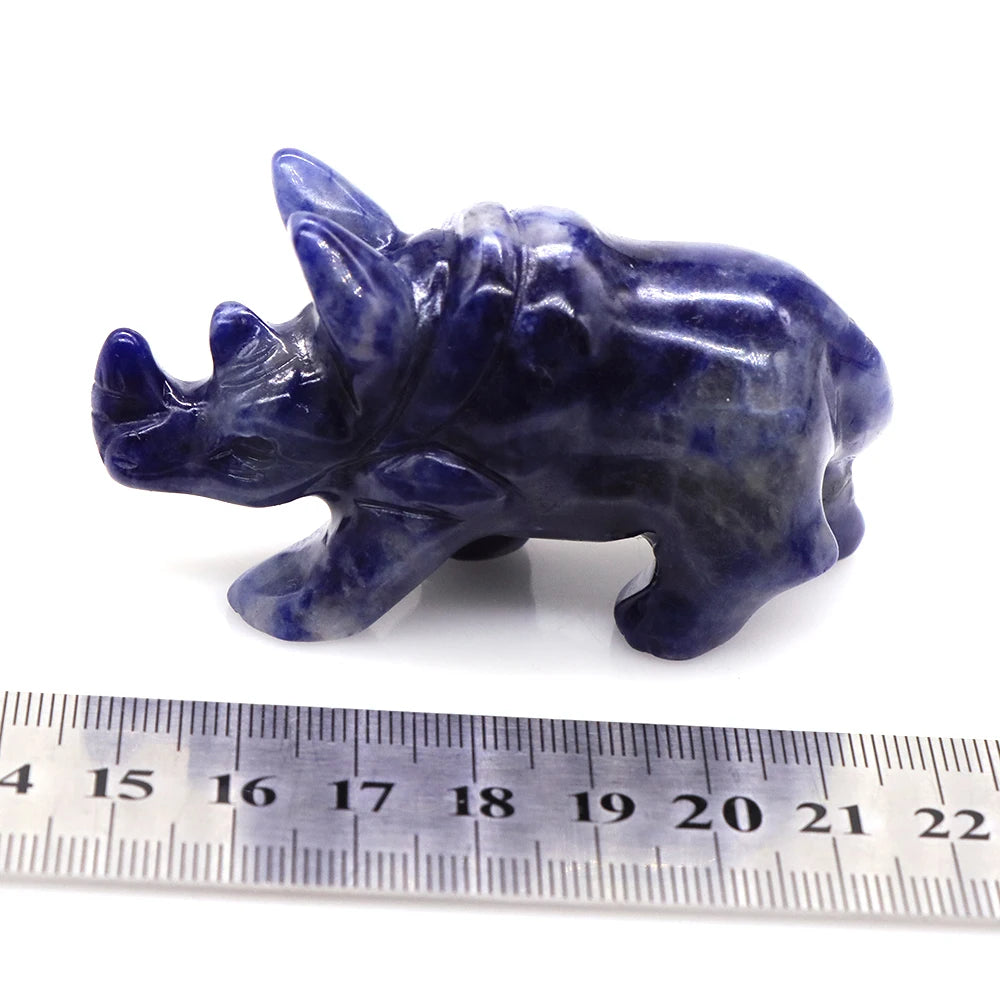 Natural Blue Sodalite Rhinoceros Figurine, Healing Crystal Sculpture, Fengshui Reiki, Rhino Animal Statue, Home Decor Gift, 3"