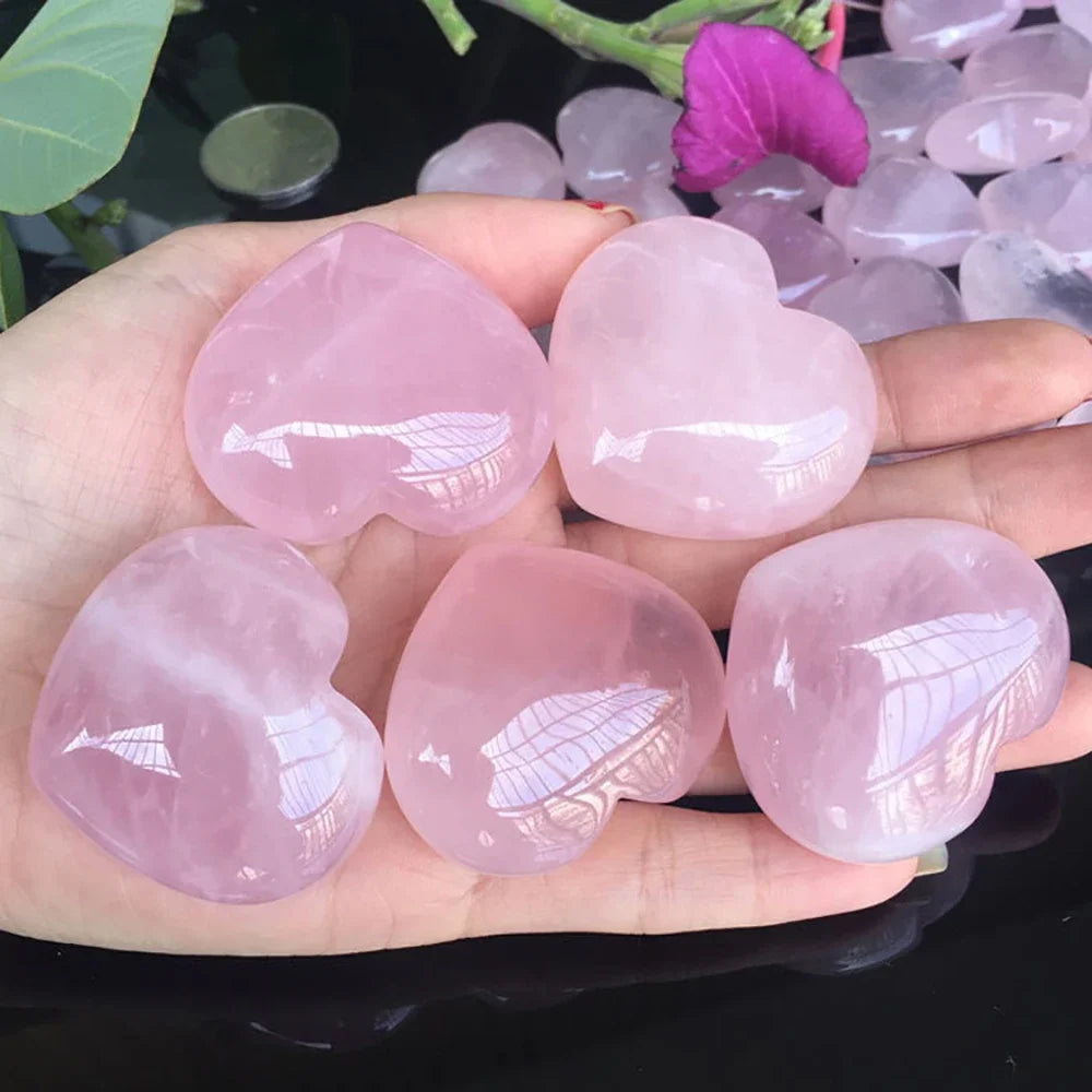 Natural Heart-Shaped Labradorite & Rose Quartz Crystal Carvings for Reiki Healing and Positive Energy - 1.57 to 2.36 Inches