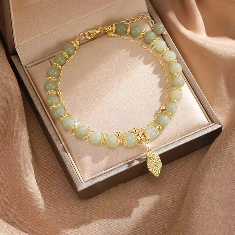 Elegant Green Jade Bangle Bracelet with Gold Leaf Accents - Double Chain Charm Bracelet for Women and Girls Gift