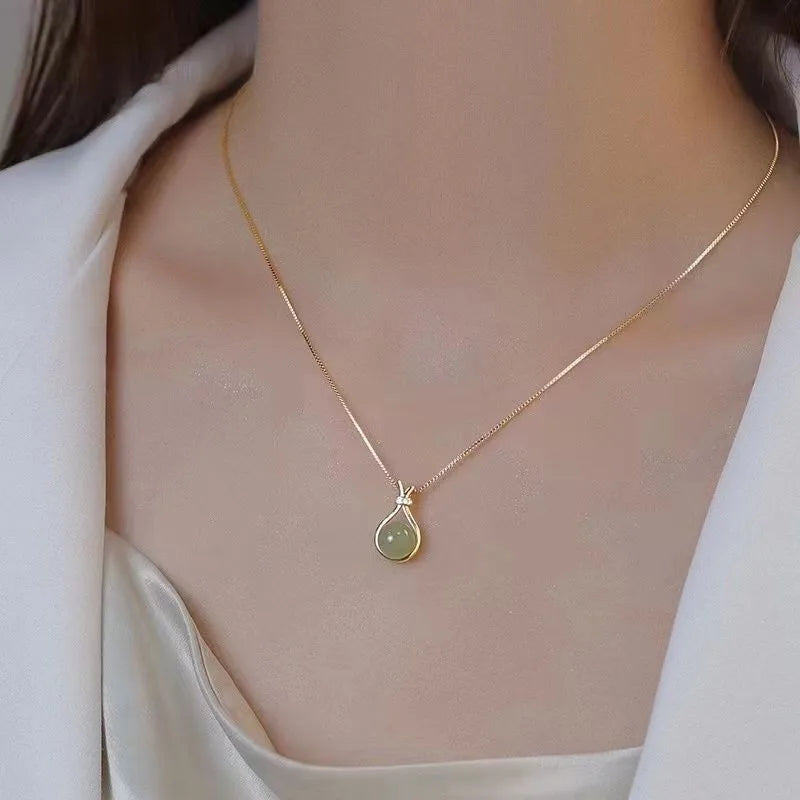 Light Green Jade Pendant Necklace in Stainless Steel - Trendy Retro Clavicle Chain Jewelry for Women