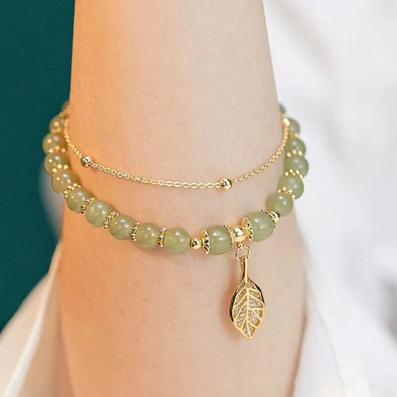 Elegant Green Jade Bangle Bracelet with Gold Leaf Accents - Double Chain Charm Bracelet for Women and Girls Gift