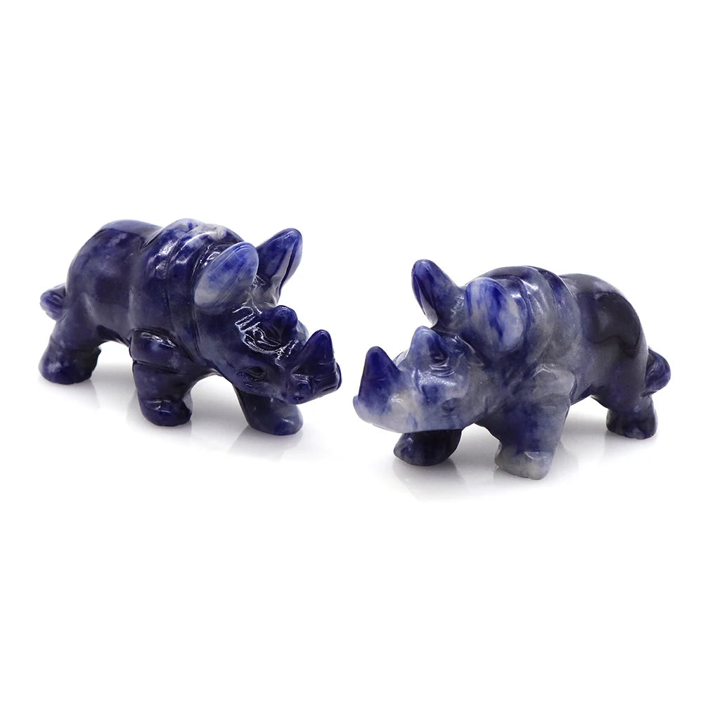 Natural Blue Sodalite Rhinoceros Figurine, Healing Crystal Sculpture, Fengshui Reiki, Rhino Animal Statue, Home Decor Gift, 3"