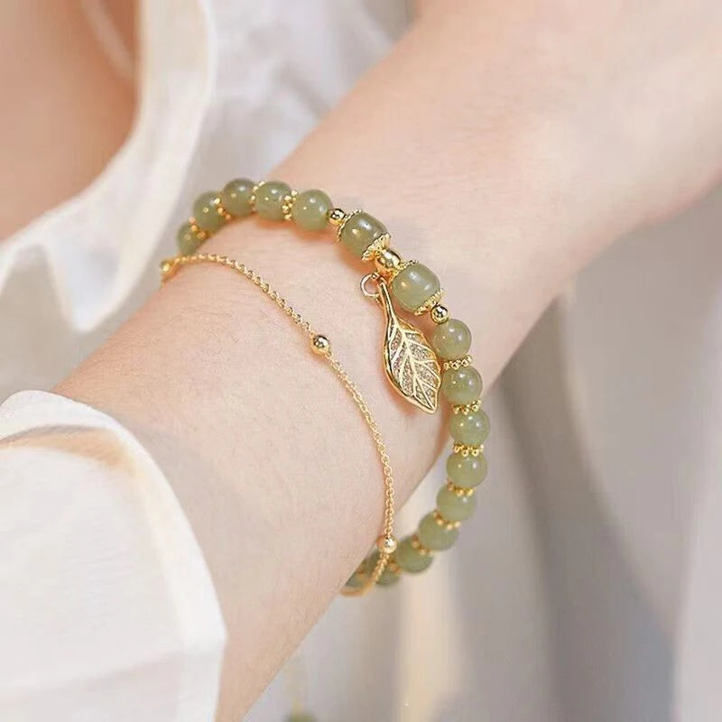 Elegant Green Jade Bangle Bracelet with Gold Leaf Accents - Double Chain Charm Bracelet for Women and Girls Gift