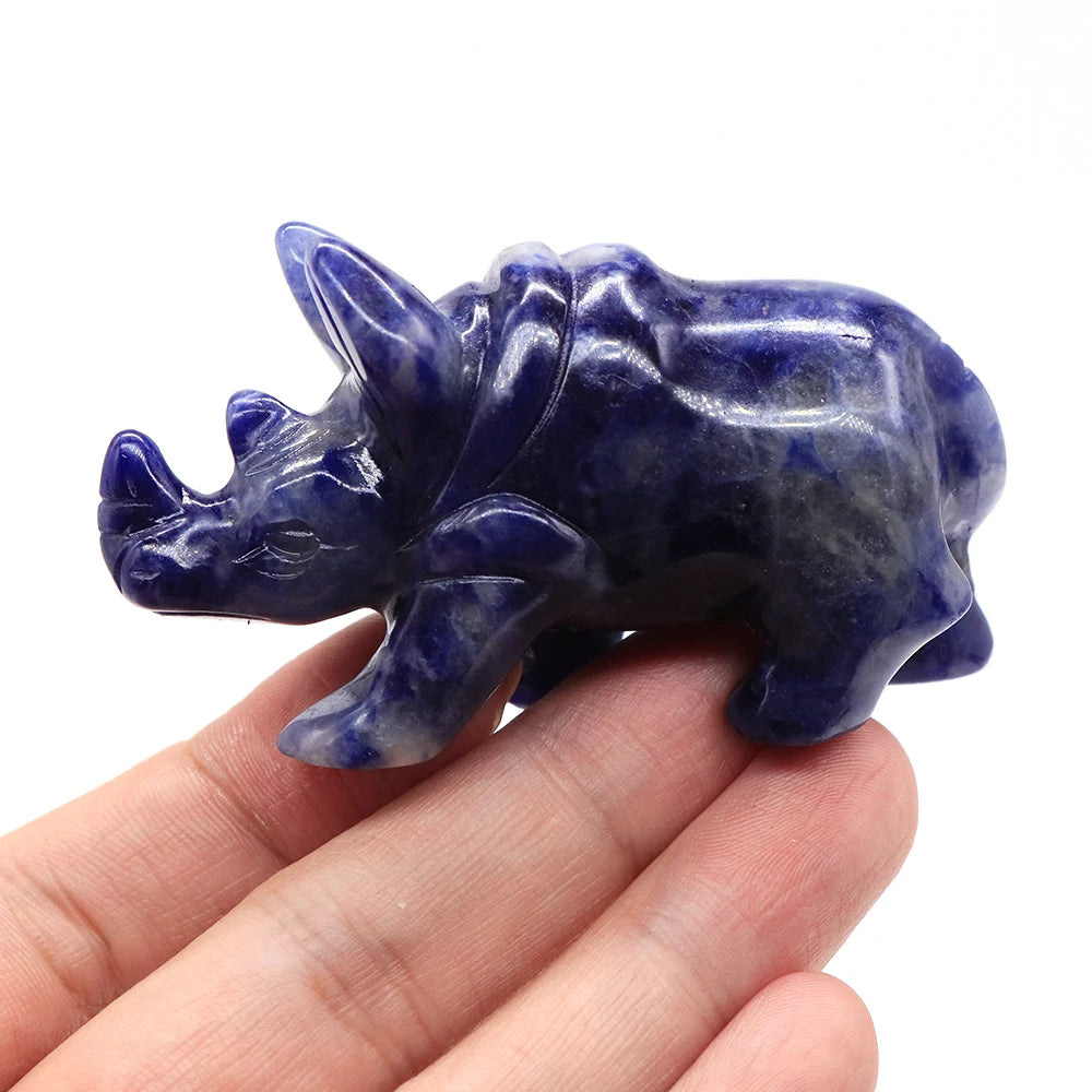 Natural Blue Sodalite Rhinoceros Figurine, Healing Crystal Sculpture, Fengshui Reiki, Rhino Animal Statue, Home Decor Gift, 3"