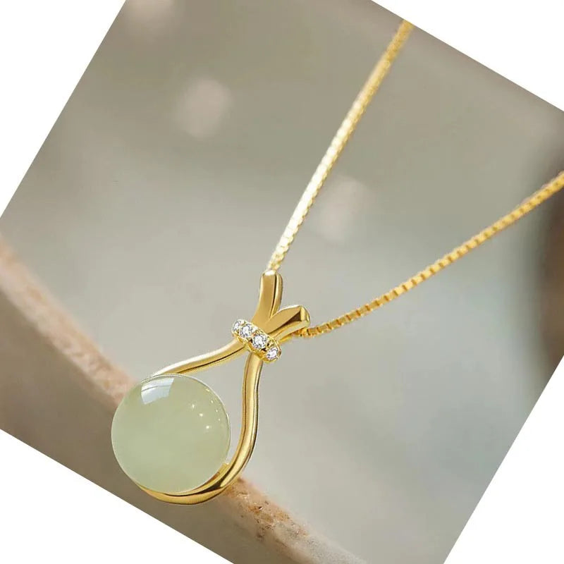 Light Green Jade Pendant Necklace in Stainless Steel - Trendy Retro Clavicle Chain Jewelry for Women