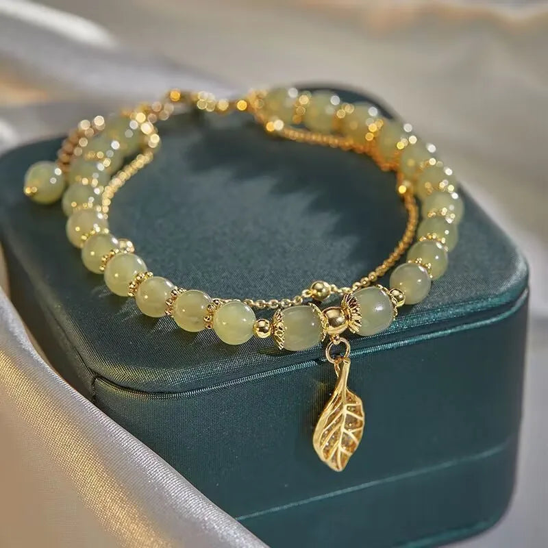 Elegant Green Jade Bangle Bracelet with Gold Leaf Accents - Double Chain Charm Bracelet for Women and Girls Gift