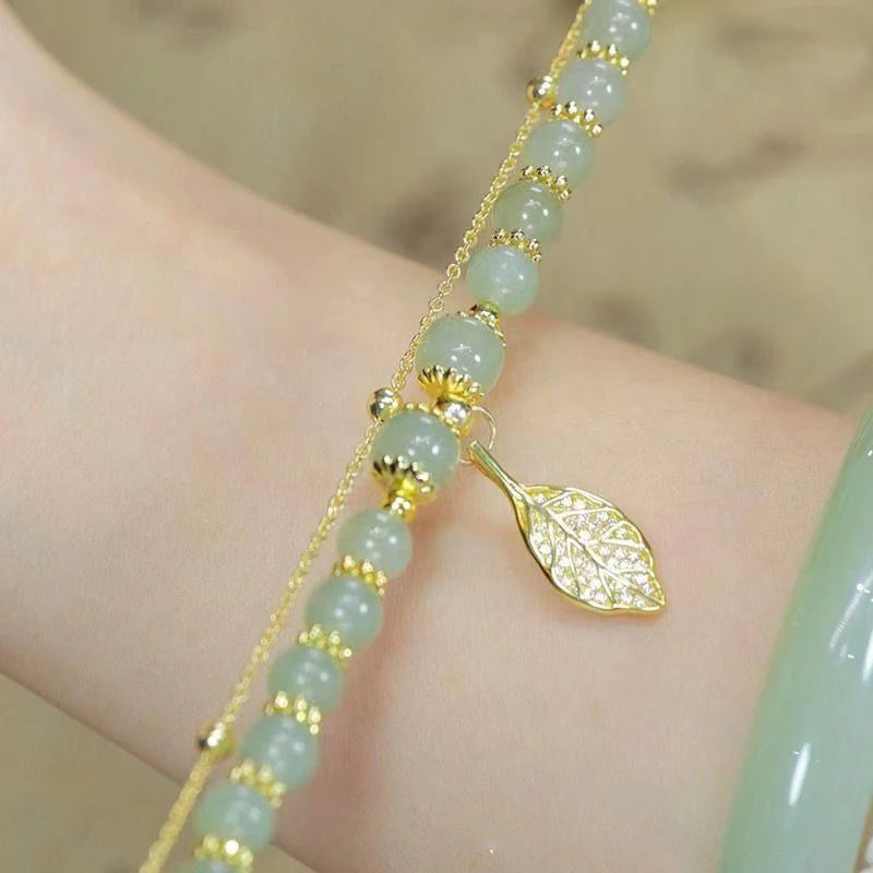 Elegant Green Jade Bangle Bracelet with Gold Leaf Accents - Double Chain Charm Bracelet for Women and Girls Gift