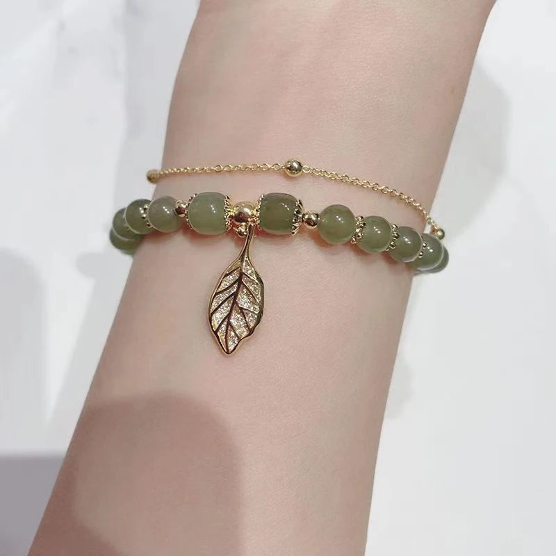 Elegant Green Jade Bangle Bracelet with Gold Leaf Accents - Double Chain Charm Bracelet for Women and Girls Gift