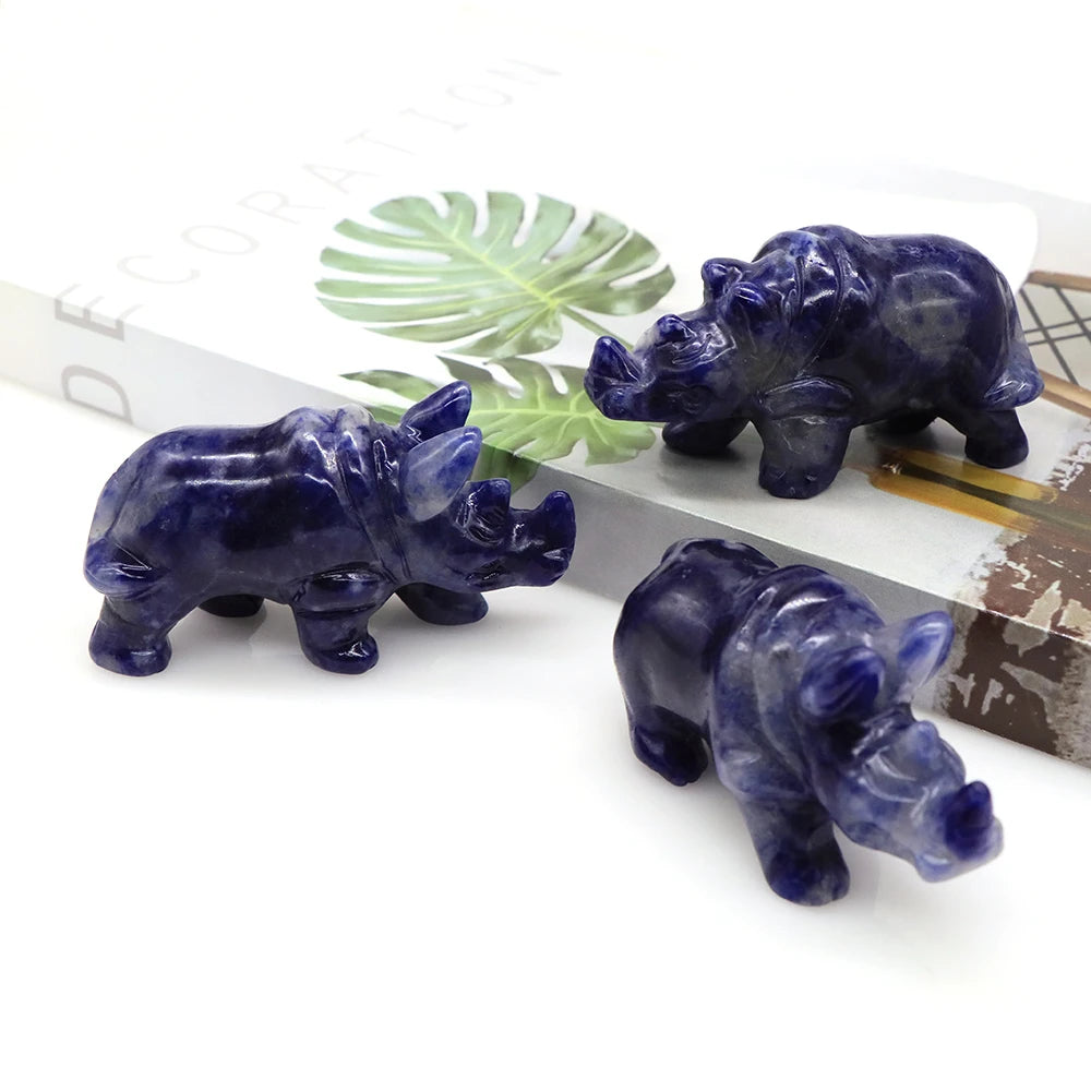 Natural Blue Sodalite Rhinoceros Figurine, Healing Crystal Sculpture, Fengshui Reiki, Rhino Animal Statue, Home Decor Gift, 3"