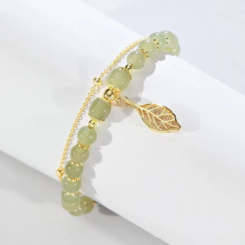 Elegant Green Jade Bangle Bracelet with Gold Leaf Accents - Double Chain Charm Bracelet for Women and Girls Gift