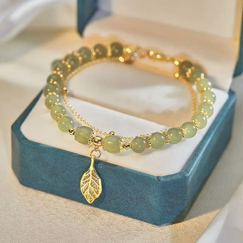 Elegant Green Jade Bangle Bracelet with Gold Leaf Accents - Double Chain Charm Bracelet for Women and Girls Gift