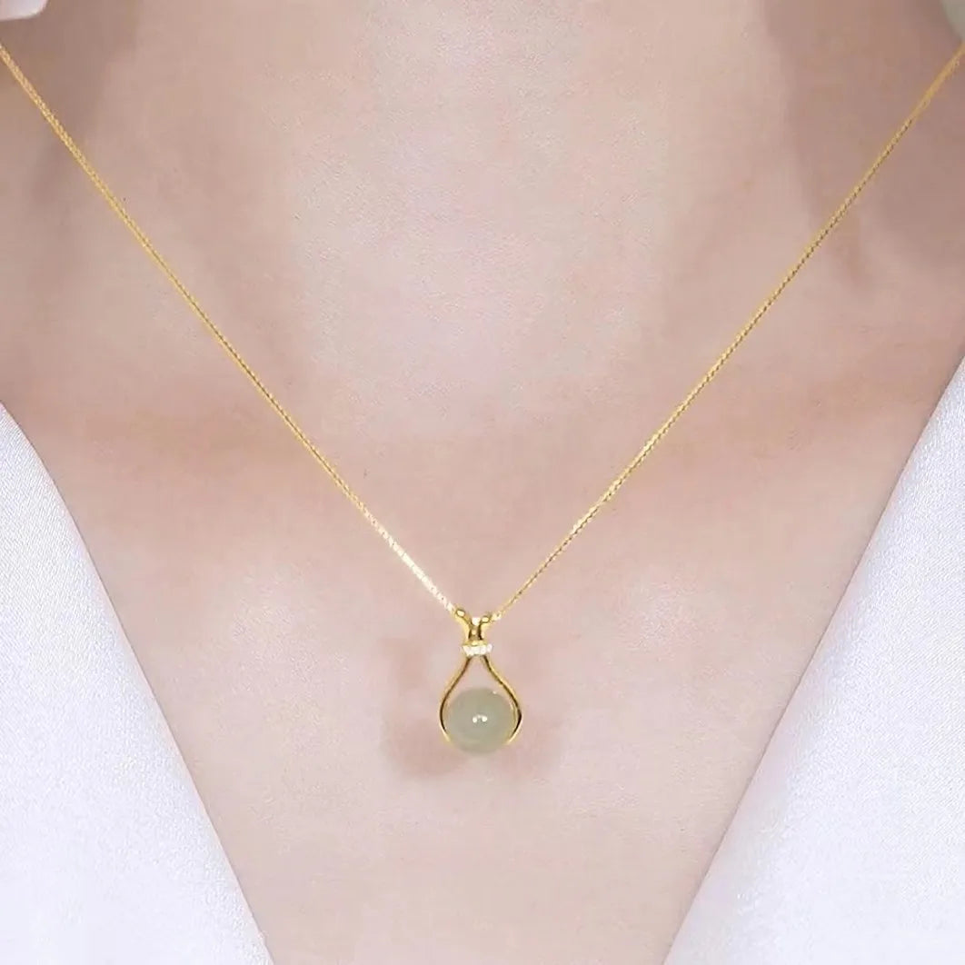 Light Green Jade Pendant Necklace in Stainless Steel - Trendy Retro Clavicle Chain Jewelry for Women