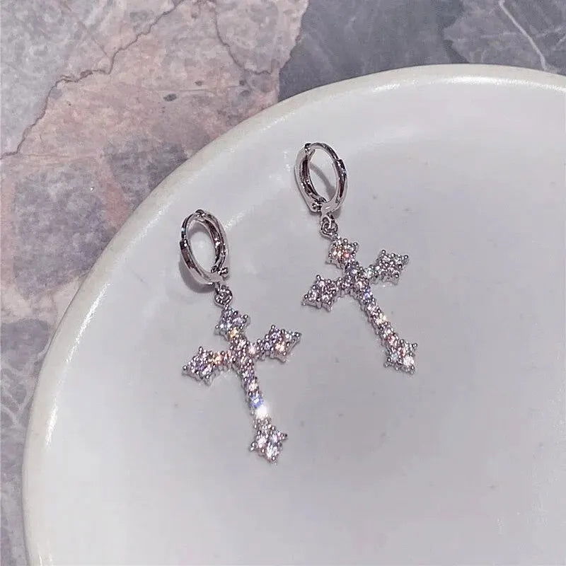 Silver Color Metal Cross Drop Earring Clear Crystal Stone Cross Dangle Earrings Sparkling Girls Evening Earring Jewelry - forbiddengemstones.com